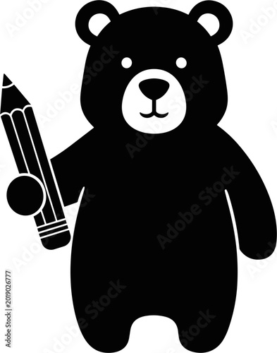 Valokuva Cute black bear holding a pencil, isolated on white background, graphic design concept
