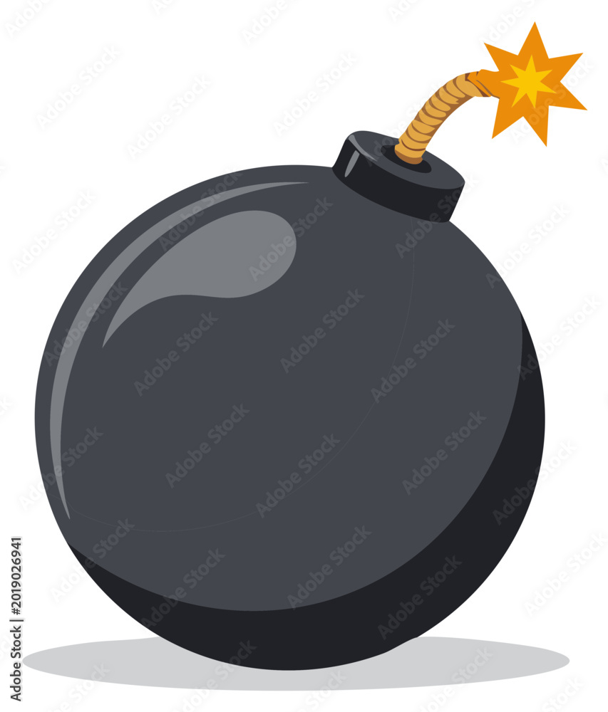 Naklejka premium Cartoon bomb with lit fuse, explosive device, danger concept.