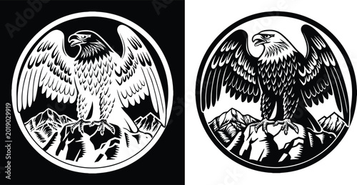 Fotografie Majestic Eagle Emblem: A powerful and proud eagle, with spread wings, perched atop a rugged mountain peak, rendered in a bold and iconic graphic design