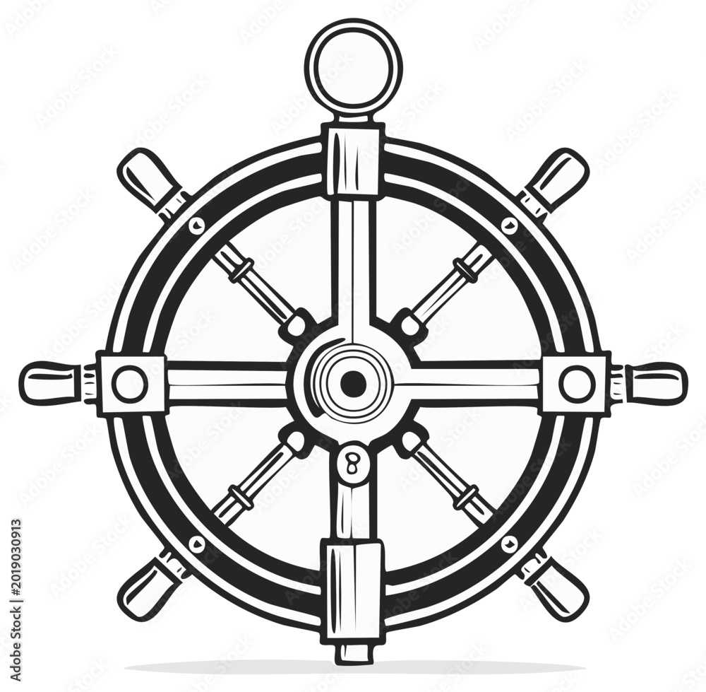 Obraz premium Nautical Ship Wheel Line Art: Classic Steering Control for Navigation and Maritime Heritage