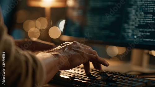 Coding in the Digital Realm: A close-up of a person's hands diligently typing on a keyboard, with lines of code displayed on a computer screen, signifying the world of programming.