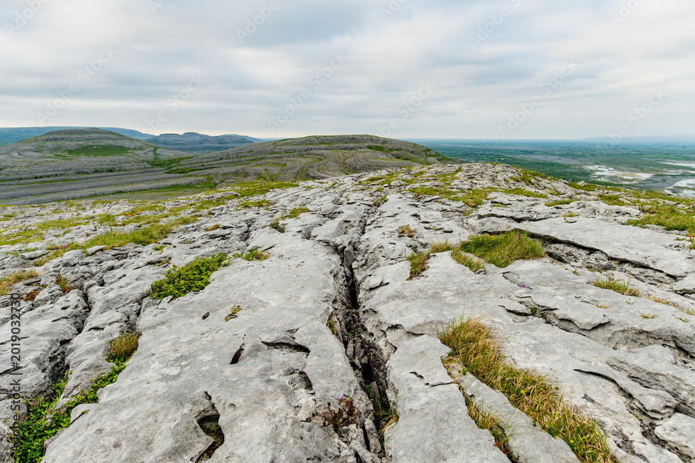 Naklejka premium Limestone pavement landscape in Burren National Park, County Clare, Ireland. Wild karst scenery on the Wild Atlantic Way with views across the Irish countryside.