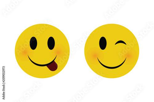 Two emoticon faces with blushing cheeks and tongue out or winking