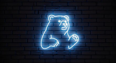 Bright blue neon bear sign mounted on a dark textured brick wall captured in this clean and modern interior photo