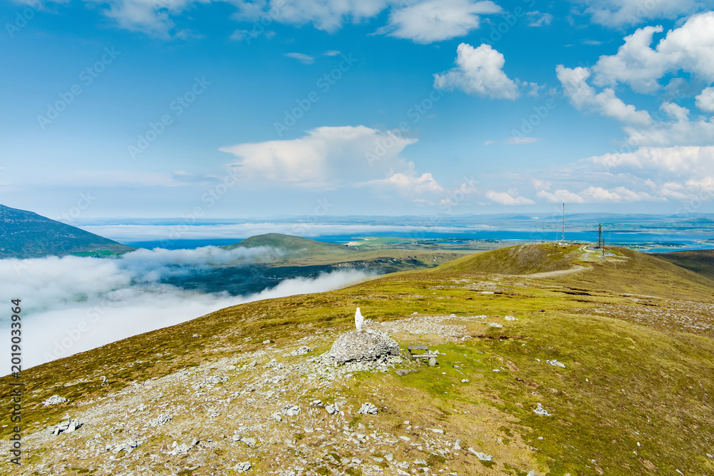 Naklejka premium Aerial view from Minaun Heights on Achill Island, County Mayo, Ireland. Panoramic Atlantic landscape with Croaghaun, Clew Bay and wild mountain scenery.