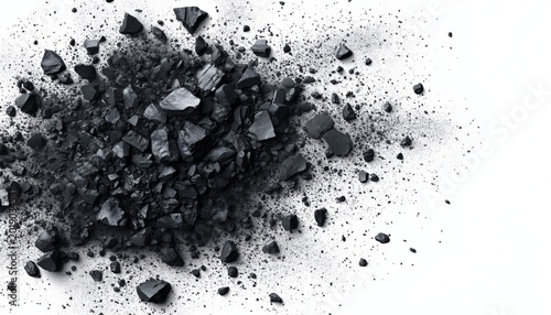Top View Of Black Coal Dust With Fragments On White Surface And Ure, Showcasing Detailed Texture And Composition - Industrial Photography.