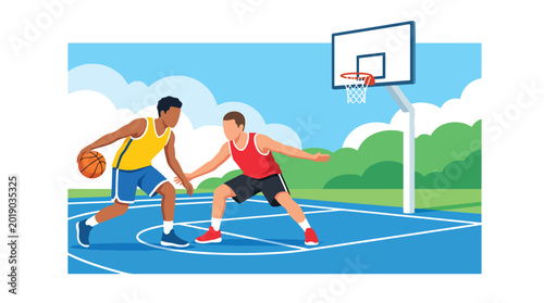 Tableau sur toile Modern flat vector illustration of basketball players competing on an outdoor co