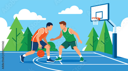 Obraz na plátne Modern flat vector illustration of basketball players competing on an outdoor co
