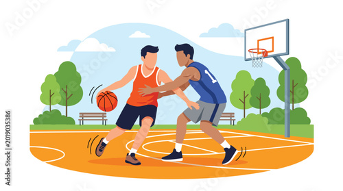 Photos Modern flat vector illustration of basketball players competing on an outdoor co