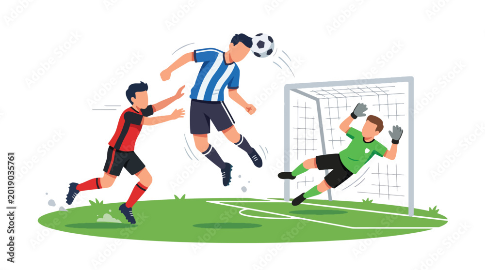 Fototapeta premium Flat vector illustration of a football player heading the ball toward goal during an outdoor soccer match with goalkeeper and defender in action