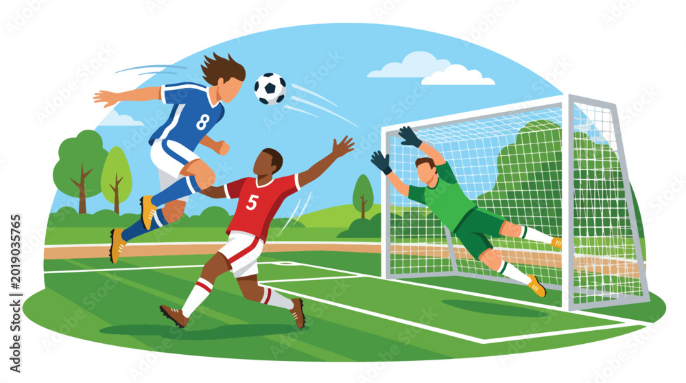 Fototapeta premium Flat vector illustration of a football player heading the ball toward goal during an outdoor soccer match with goalkeeper and defender in action