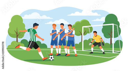 Tablou pe pânză Flat vector illustration of a soccer player taking a free kick against a defensi