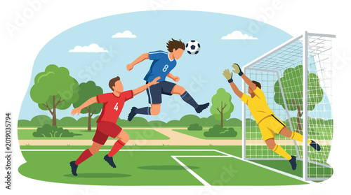 Foto Flat vector illustration of a football player heading the ball toward goal durin