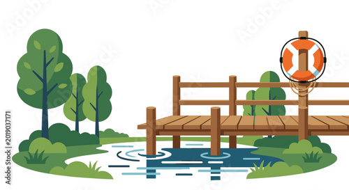 Wooden dock over calm water with lifebuoy and trees Concept of safety and park leisure