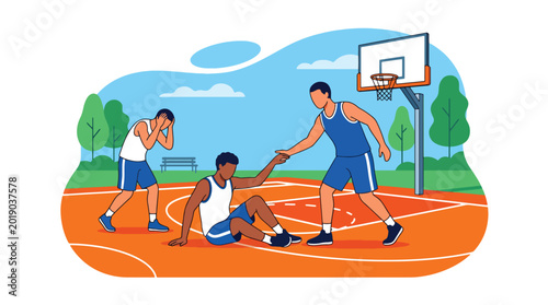 Photos Flat vector illustration of basketball players helping an opponent up after a ga