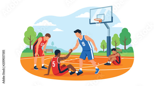 Foto Flat vector illustration of basketball players helping an opponent up after a ga