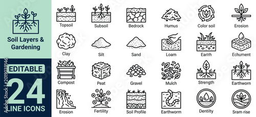 Tableau sur toile Soil Layers and Gardening Icon Set Featuring Topsoil Subsoil Bedrock Clay Silt S
