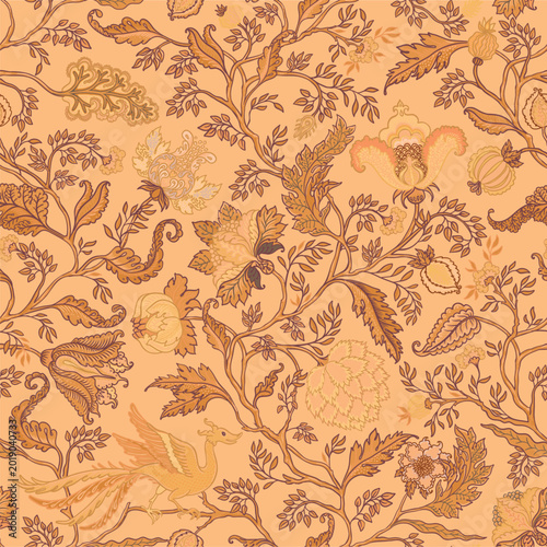 Chintz inspired Floral vintage seamless pattern in Jacobean style for retro w...
