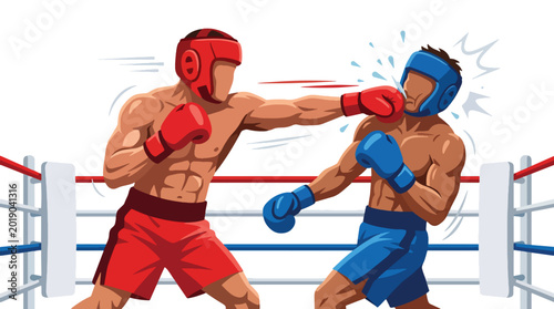 Canvas Print Flat vector illustration of two boxers fighting in a professional boxing ring, f