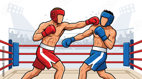 Canvas Print Flat vector illustration of two boxers fighting in a professional boxing ring, f