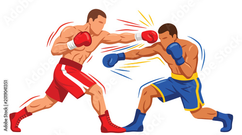 Fotografie Flat vector illustration of two boxers fighting in a professional boxing ring, f