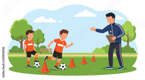 Foto Flat vector illustration of children practicing soccer dribbling drills with con