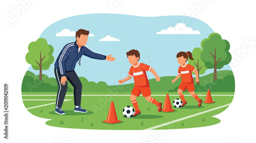 Fotografija Flat vector illustration of children practicing soccer dribbling drills with con