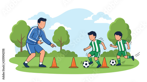 Fotografi Flat vector illustration of children practicing soccer dribbling drills with con