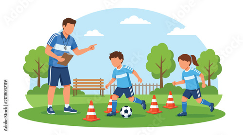 Quadro em tela Flat vector illustration of children practicing soccer dribbling drills with con