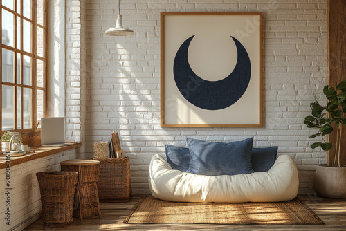 Framed Minimalist Geometric Poster Hanging in Modern Office