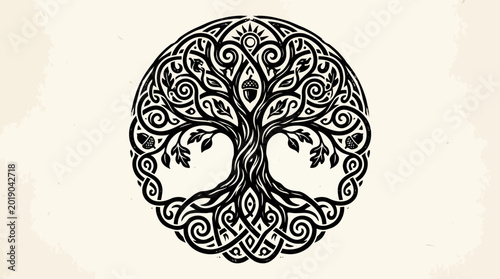 A detailed illustration of a tree with swirling patterns, roots, and leaves on a beige background.