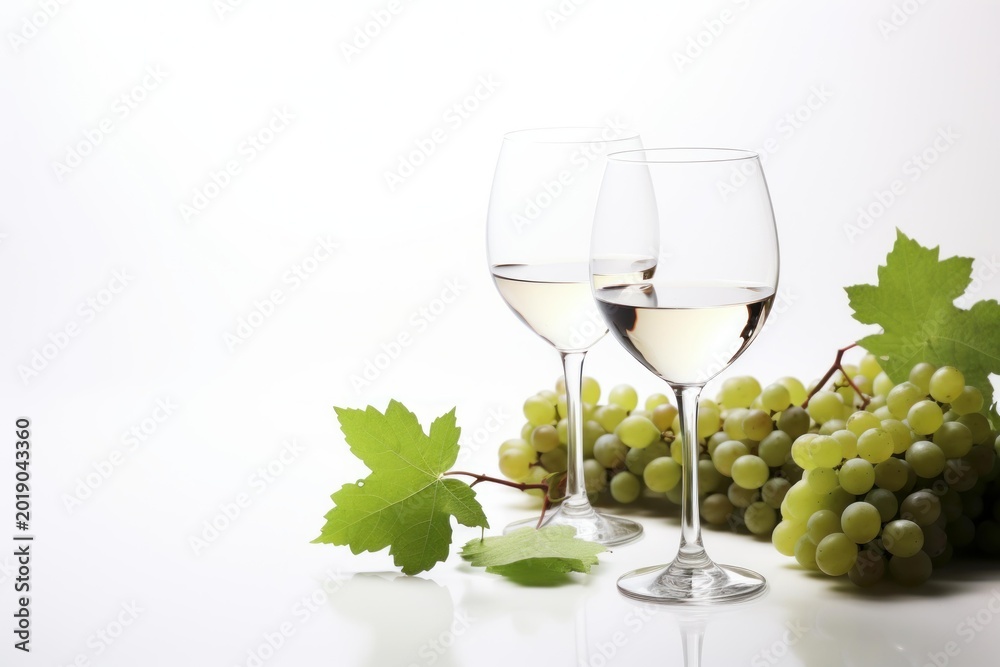 Fototapeta premium Two glasses containing white wine sit next to fresh green grapes and leaves