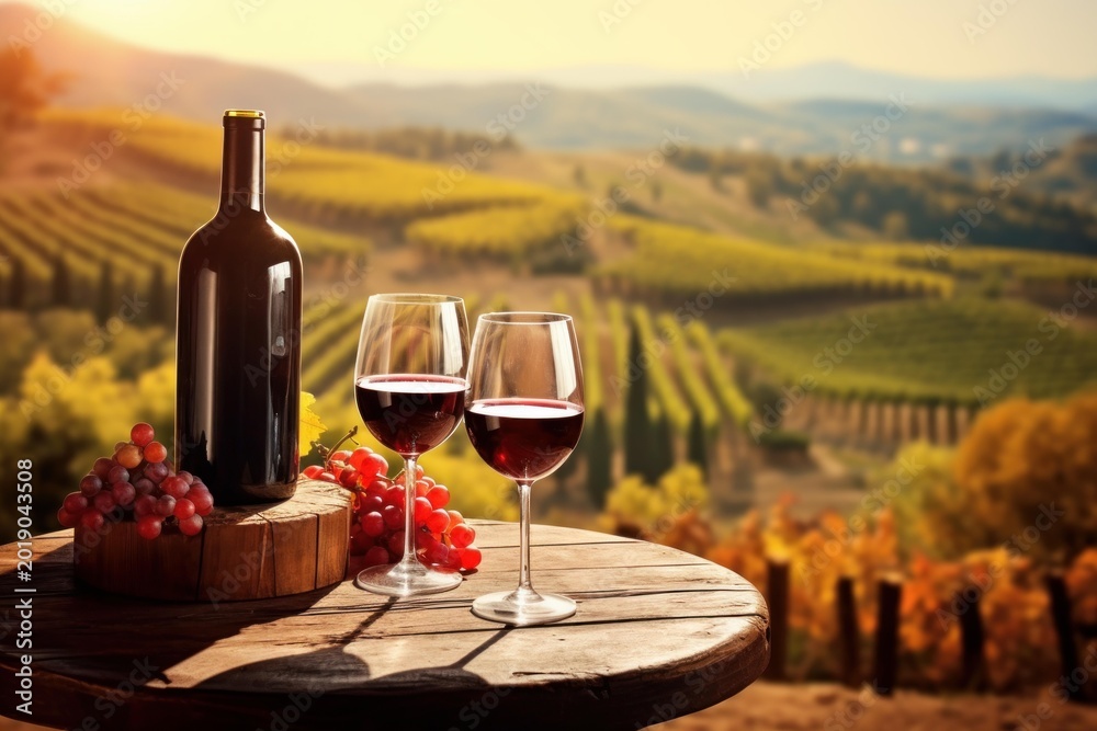 Fototapeta premium Red wine bottle and glasses with grapes on a wooden table, overlooking a vibrant vineyard landscape