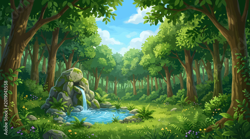 A serene forest scene with trees surrounding a small pond and waterfall