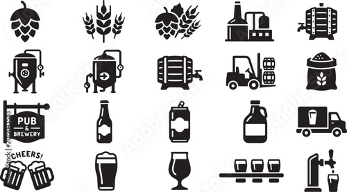 Brewery and Craft Beer Industry Icon Set, Black Solid Vector Icons for Beer Production, Pub Branding, Alcohol Manufacturing, and Beverage Distribution