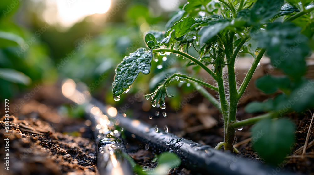 Obraz premium Close-up of a soaker hose threading between rows of vivid young tomato plants in a sunlit raised bed, water pearling brightly on green stems, warm sunlit soil surrounding the