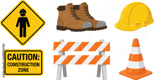 Canvastavla Construction safety equipment icons, hard hat boots warning signs barricade traf
