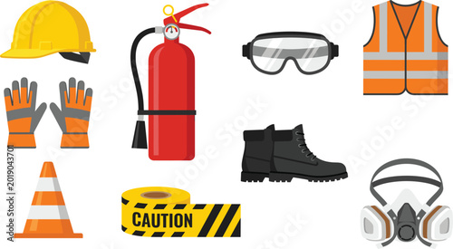 Construction safety equipment set with helmet, gloves, fire extinguisher, goggles, vest, boots, respirator, cone and caution tape for workers protection