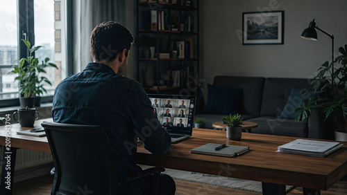 Remote worker attending virtual meeting alone in home office