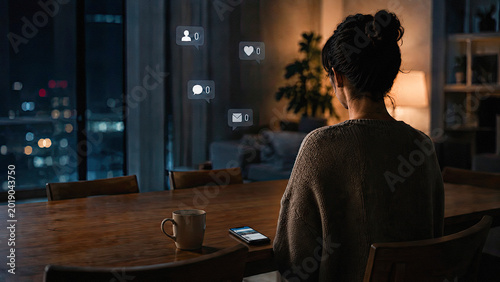 Woman experiencing digital loneliness and social media addiction alone at night