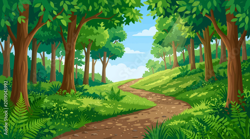 Cartoon forest landscape, green trees, dirt path, sunny day, outdoor scenery, vector illustration