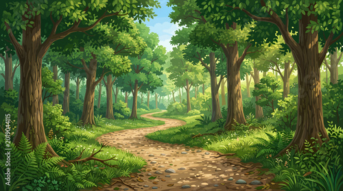 Serene forest landscape, dirt path, green trees, sunny woodland scene, nature background