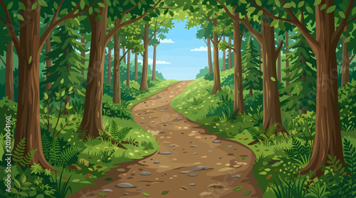 cartoon forest path, dirt road, trees, green landscape, illustration