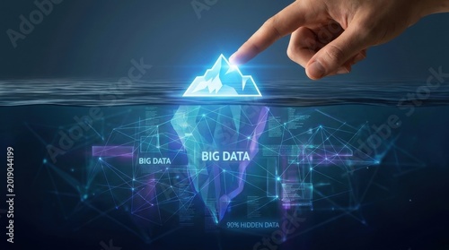 Hand touching the illuminated tip of a big data iceberg revealing vast hidden information below the surface