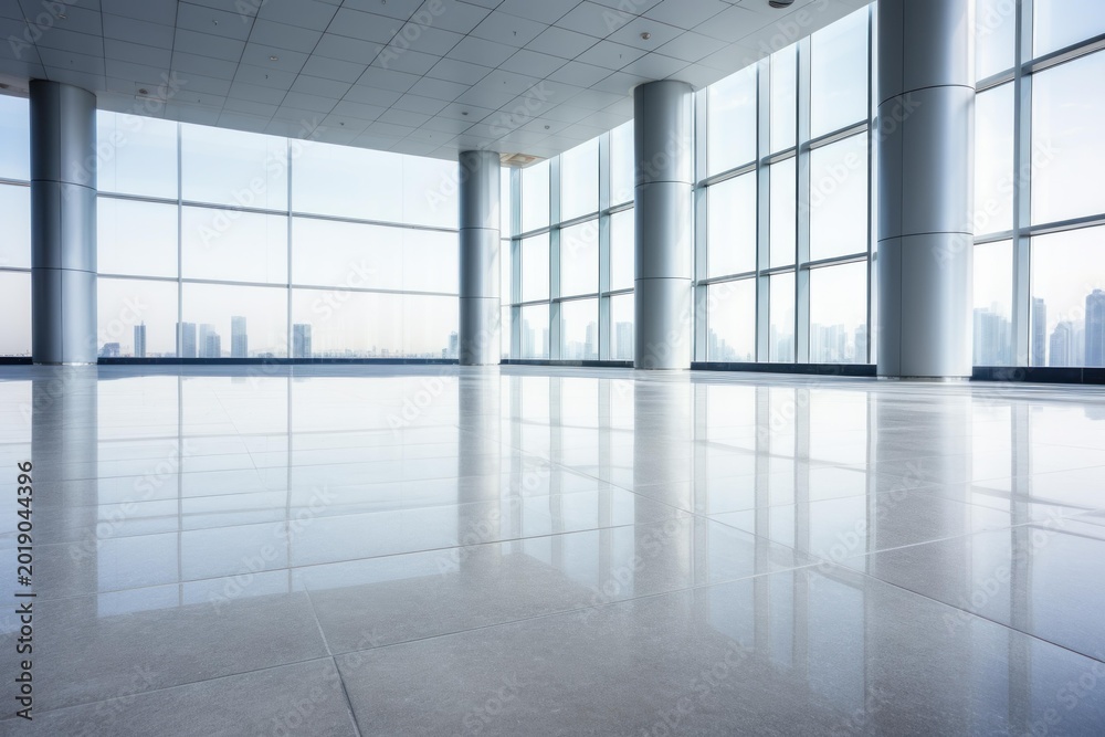 Fototapeta premium Empty wide open office space with large windows overlooking a city skyline