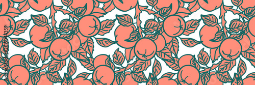 Tableau sur toile seamless pattern with hand drawn apples on branches with leaves in retro line ar