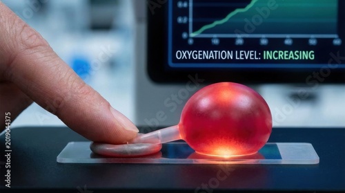 Gloved hand monitoring an illuminated biological cell on a microscope slide during a crucial oxygenation level experiment