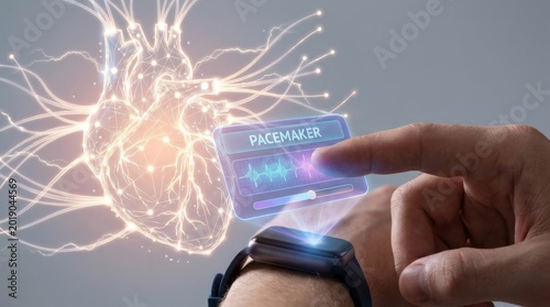 Human hand activates a smartwatch displaying a digital pacemaker interface with an abstract glowing heart in the background
