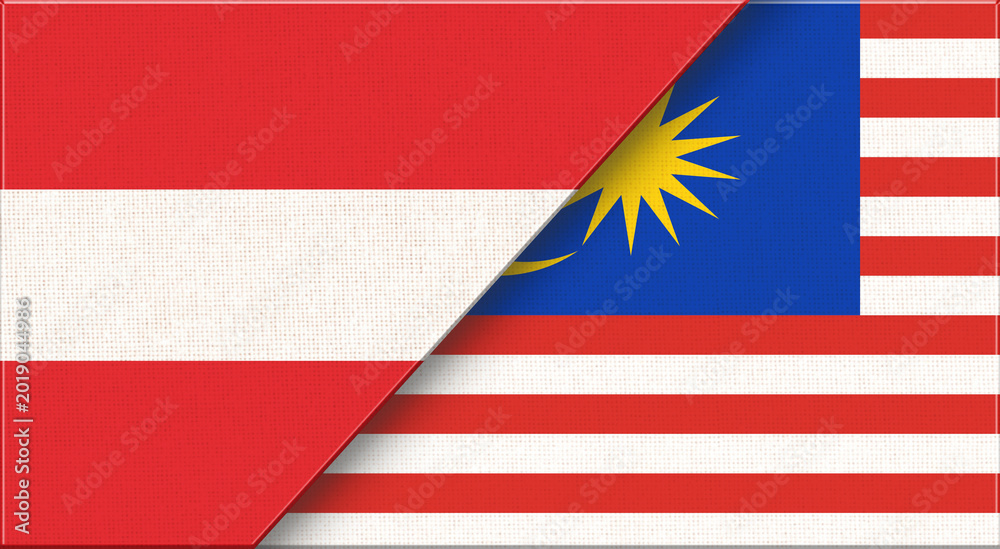 Fototapeta premium Double Flag of Austria and Malaysia on Fabric Texture - 3D image.