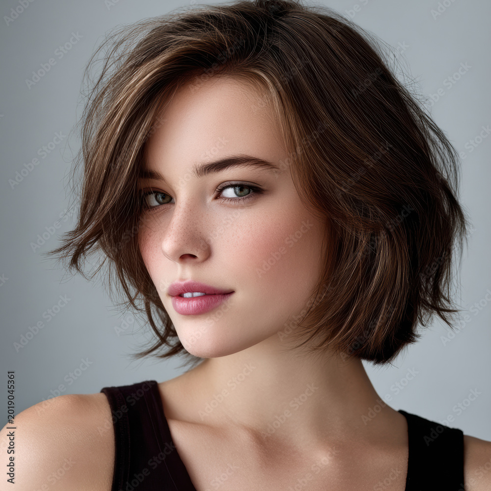 Naklejka premium Confident woman short brown hair natural makeup soft smile studio portrait, youthful beauty, clear skin, modern style